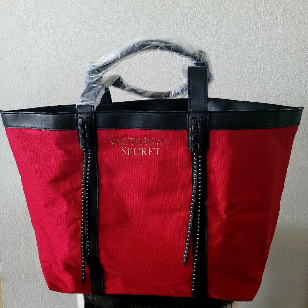 NEW Victoria's Secret Red Canvas Leather Straps Gold Studded Black Tote Bag